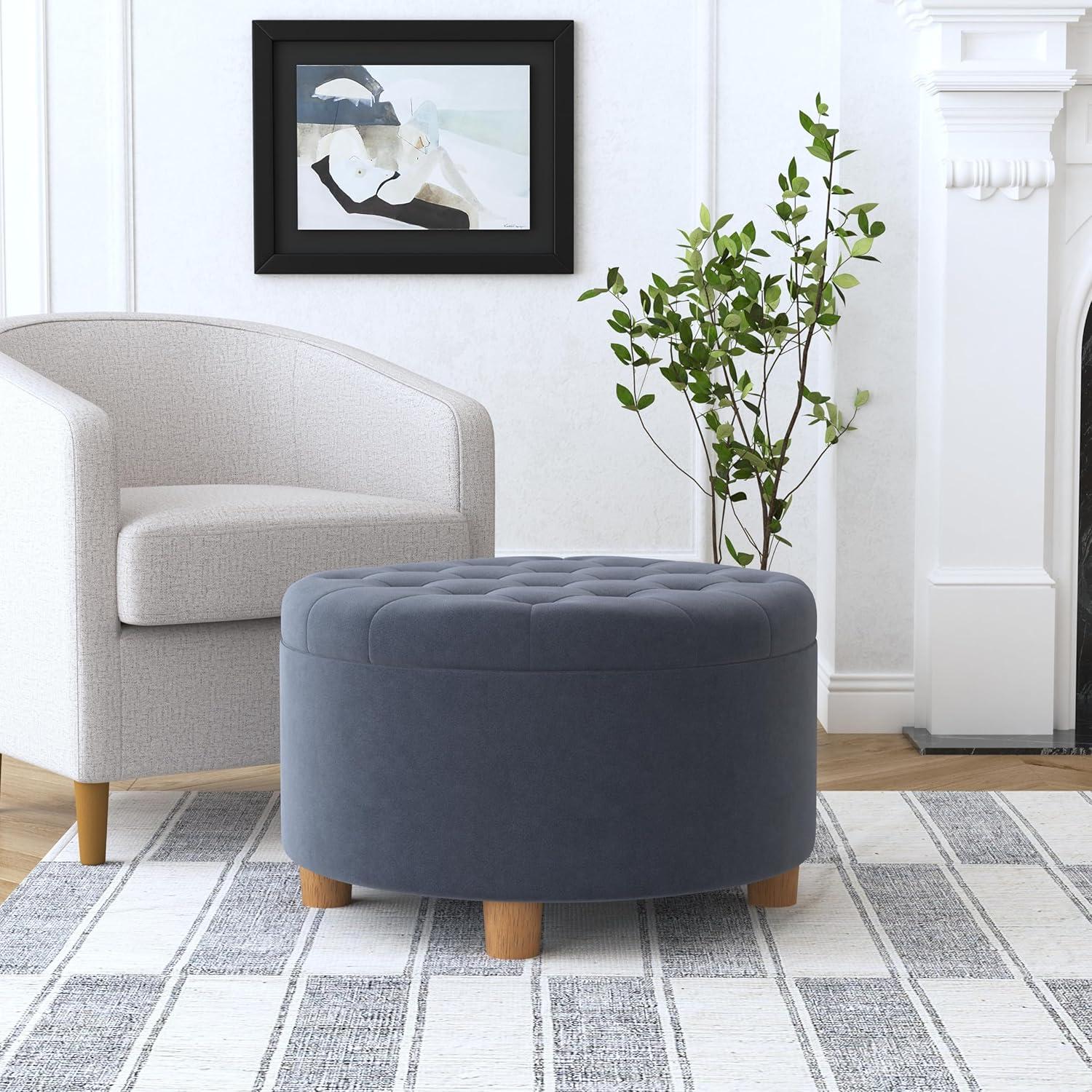 imageHomepop Home Decor Button Tufted Faux Leather Round Storage Ottoman Ottoman with Storage for Living Room amp Bedroom Black Faux LeatherSteel Blue Velvet