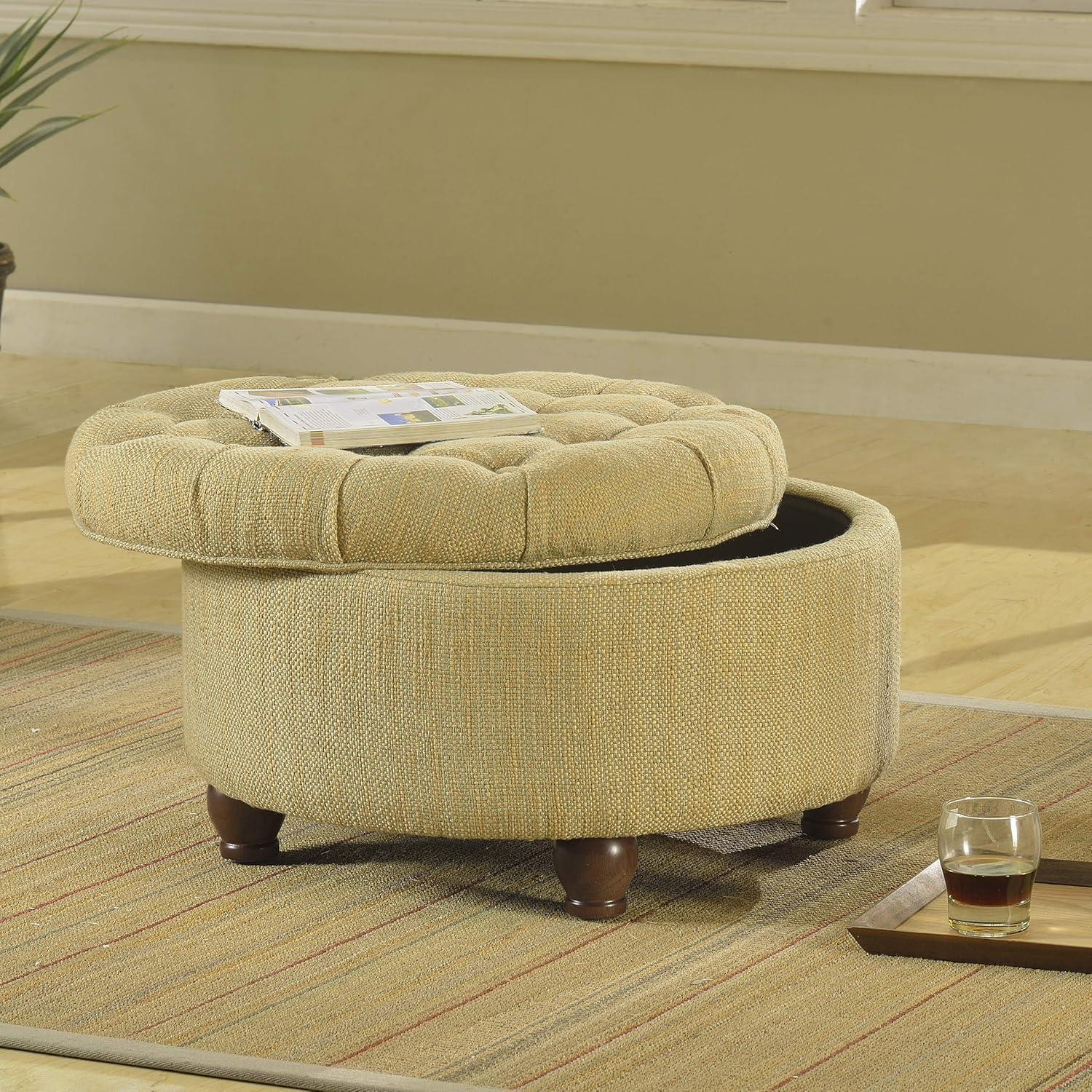 imageHomepop Home Decor Button Tufted Faux Leather Round Storage Ottoman Ottoman with Storage for Living Room amp Bedroom Black Faux LeatherTan and Cream Tweed