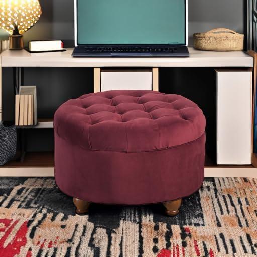 imageHomepop Home Decor Button Tufted Faux Leather Round Storage Ottoman Ottoman with Storage for Living Room amp Bedroom Sand Faux LeatherBerry