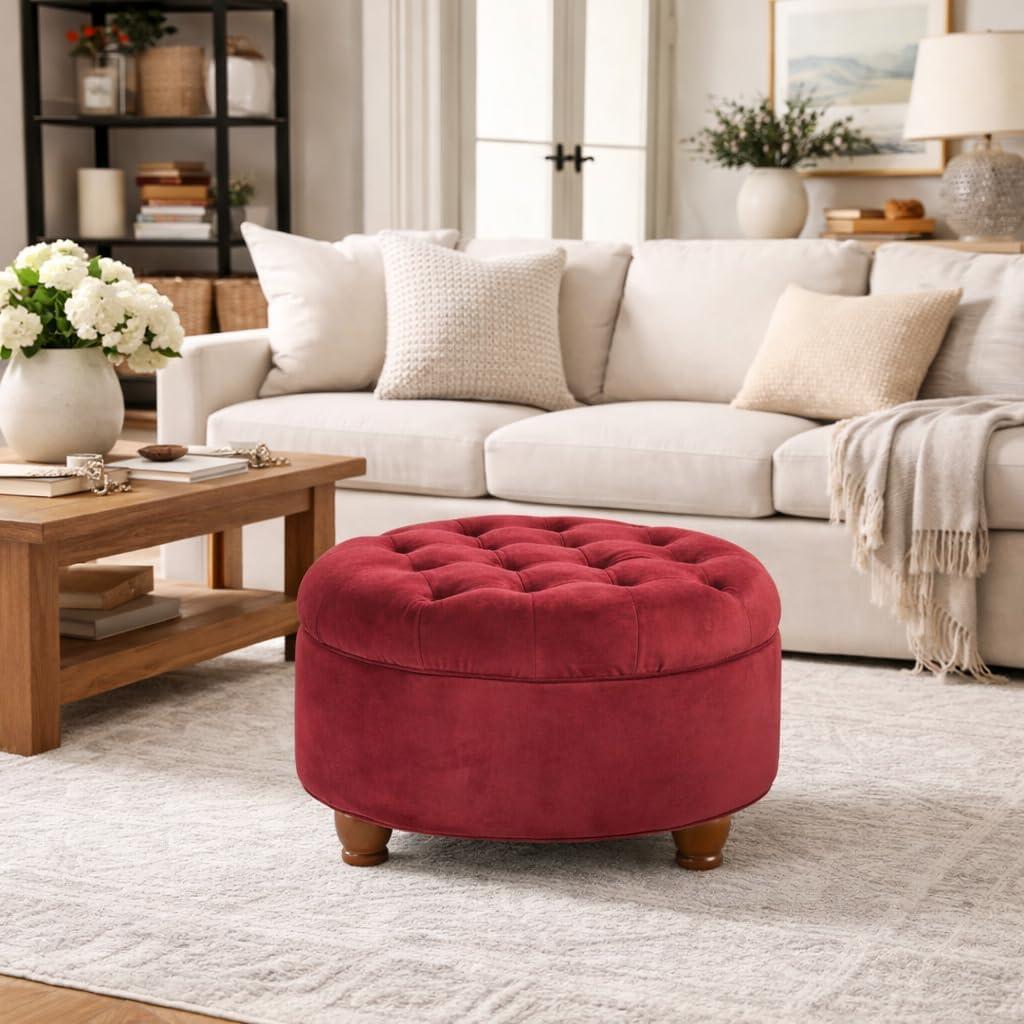 imageHomepop Home Decor Button Tufted Faux Leather Round Storage Ottoman Ottoman with Storage for Living Room amp Bedroom Sand Faux LeatherBerry