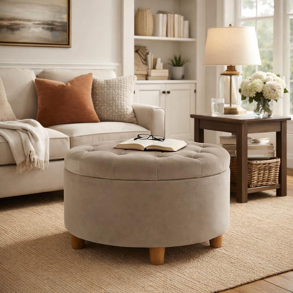 imageHomepop Home Decor Button Tufted Faux Leather Round Storage Ottoman Ottoman with Storage for Living Room amp Bedroom Sand Faux LeatherFawn Velvet