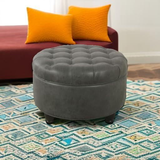 imageHomepop Home Decor Button Tufted Faux Leather Round Storage Ottoman Ottoman with Storage for Living Room amp Bedroom Sand Faux LeatherGrey
