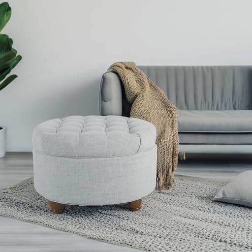 imageHomepop Home Decor Button Tufted Faux Leather Round Storage Ottoman Ottoman with Storage for Living Room amp Bedroom Sand Faux LeatherLight Blue
