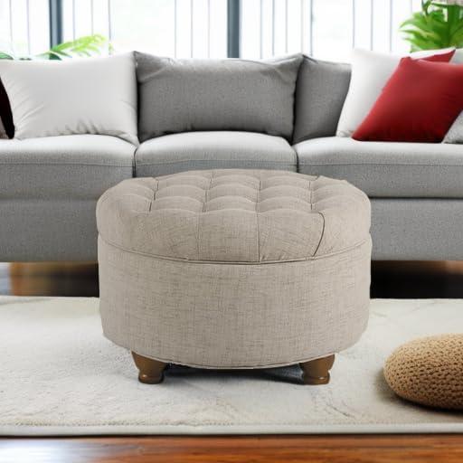 imageHomepop Home Decor Button Tufted Faux Leather Round Storage Ottoman Ottoman with Storage for Living Room amp Bedroom Sand Faux LeatherLight Tan