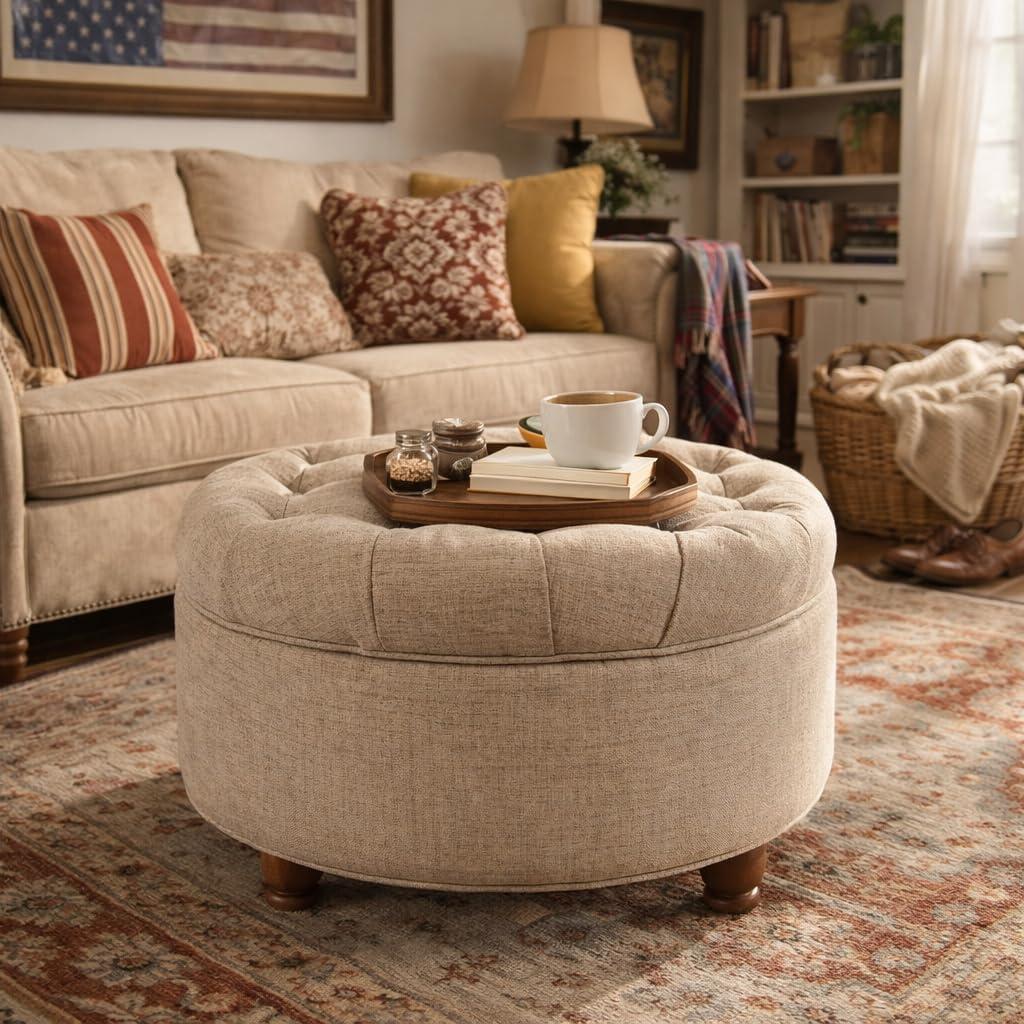 imageHomepop Home Decor Button Tufted Faux Leather Round Storage Ottoman Ottoman with Storage for Living Room amp Bedroom Sand Faux LeatherLight Tan