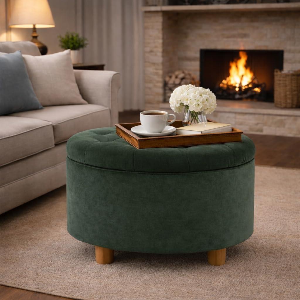 imageHomepop Home Decor Button Tufted Faux Leather Round Storage Ottoman Ottoman with Storage for Living Room amp Bedroom Sand Faux LeatherLoden Green Velvet