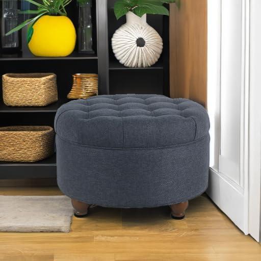 imageHomepop Home Decor Button Tufted Faux Leather Round Storage Ottoman Ottoman with Storage for Living Room amp Bedroom Sand Faux LeatherNavy