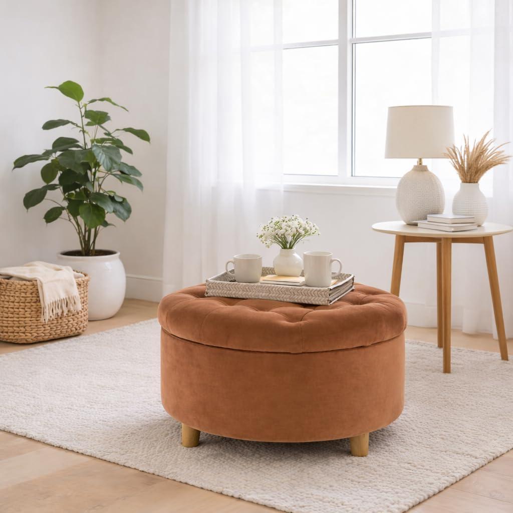 imageHomepop Home Decor Button Tufted Faux Leather Round Storage Ottoman Ottoman with Storage for Living Room amp Bedroom Sand Faux LeatherSpice Orange