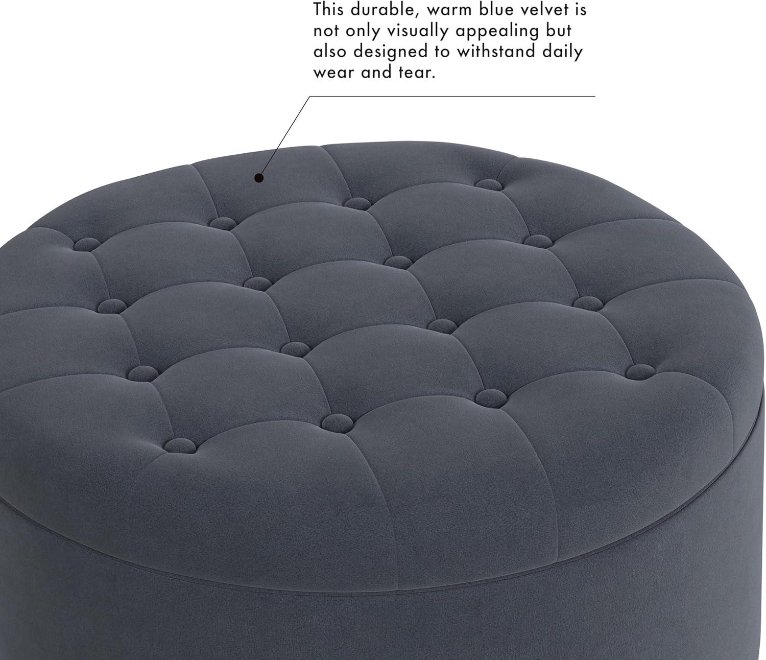 imageHomepop Home Decor Button Tufted Faux Leather Round Storage Ottoman Ottoman with Storage for Living Room amp Bedroom Sand Faux LeatherSteel Blue Velvet