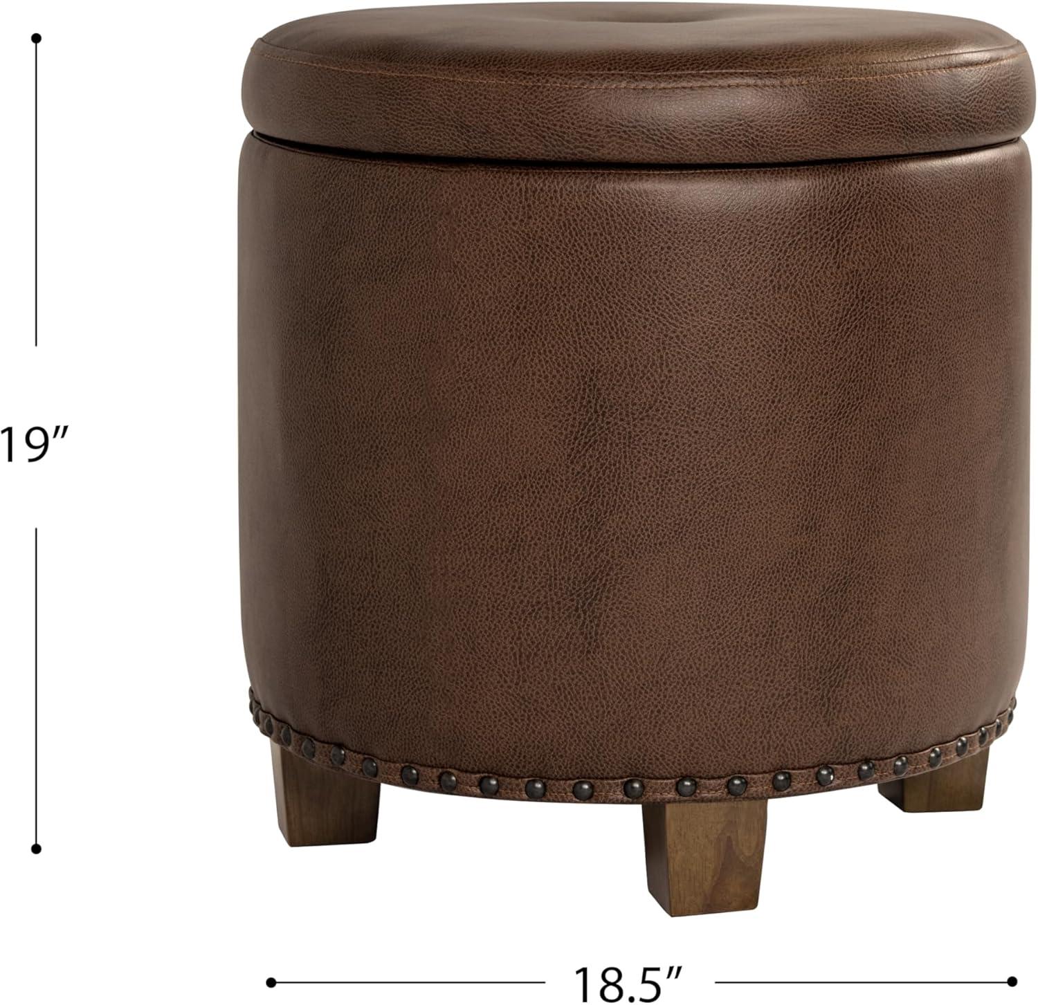imageHomepop Home Decor Upholstered Round Storage Ottoman with Nailheads Ottoman with Storage for Living Room amp Bedroom Brown Faux LeatherBrown Faux Leather
