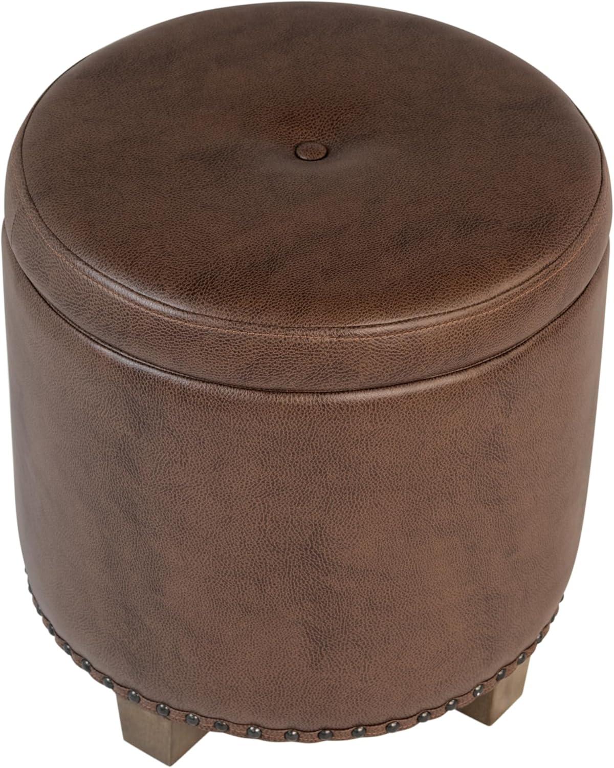 imageHomepop Home Decor Upholstered Round Storage Ottoman with Nailheads Ottoman with Storage for Living Room amp Bedroom Brown Faux LeatherBrown Faux Leather