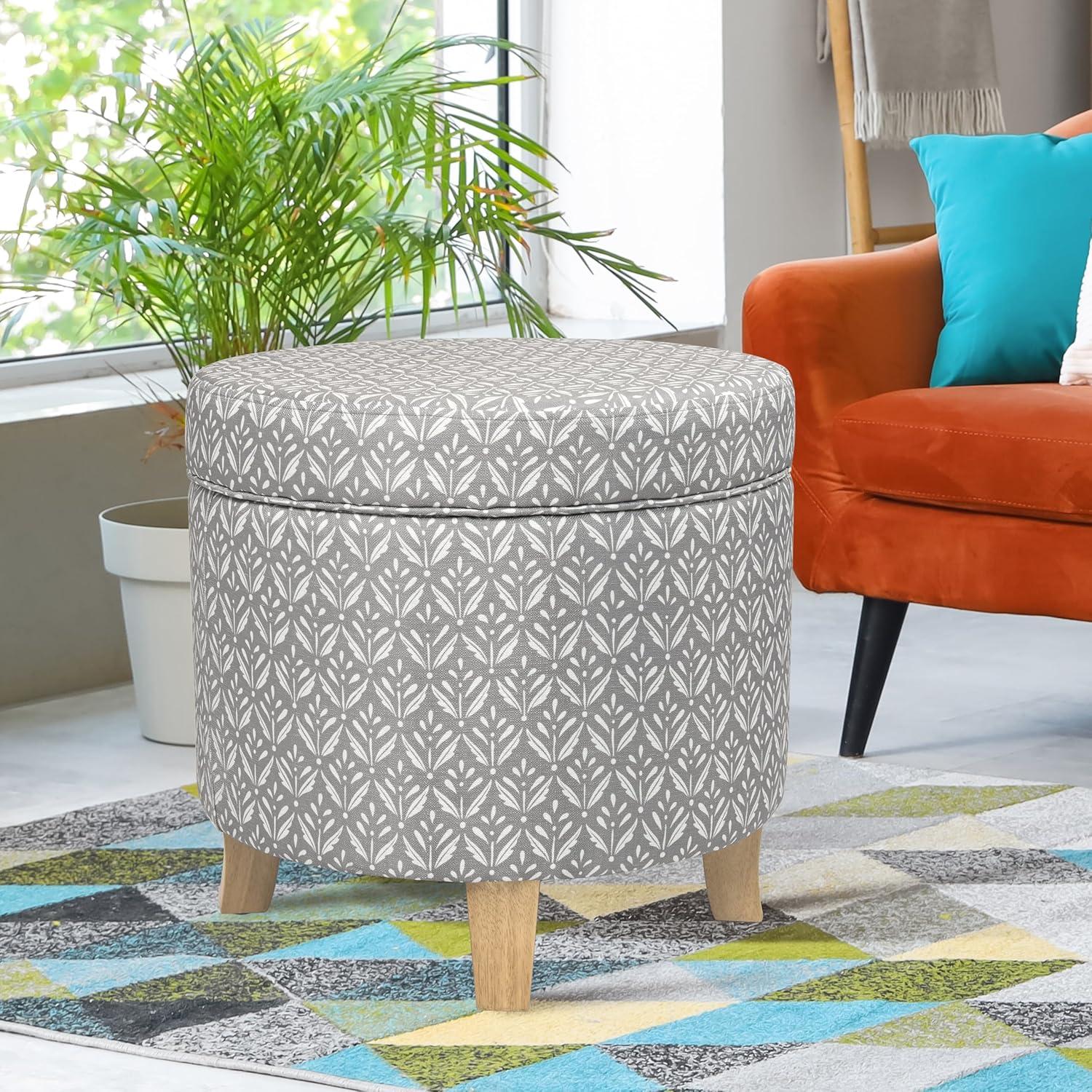 imageHomepop Home Decor Upholstered Round Storage Ottoman with Nailheads Ottoman with Storage for Living Room amp Bedroom Brown Faux LeatherLight Grey Print
