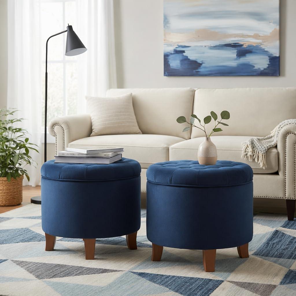 imageHomepop Home Decor Upholstered Round Tufted Foot Rest Ottoman Ottoman with Storage for Living Room amp Bedroom Decorative Home Furniture Green Clover FabricNavy