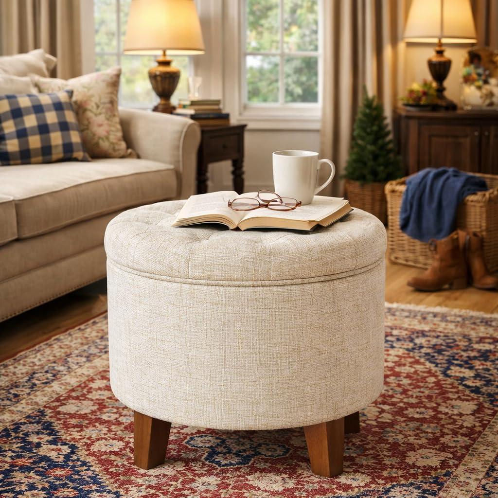 imageHomepop Home Decor Upholstered Round Tufted Foot Rest Ottoman Ottoman with Storage for Living Room amp Bedroom Decorative Home Furniture Green Clover FabricCream Textured Solid