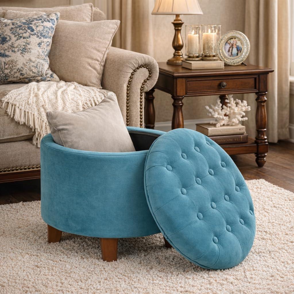 imageHomepop Home Decor Upholstered Round Tufted Foot Rest Ottoman Ottoman with Storage for Living Room amp Bedroom Decorative Home Furniture Green Clover FabricTeal