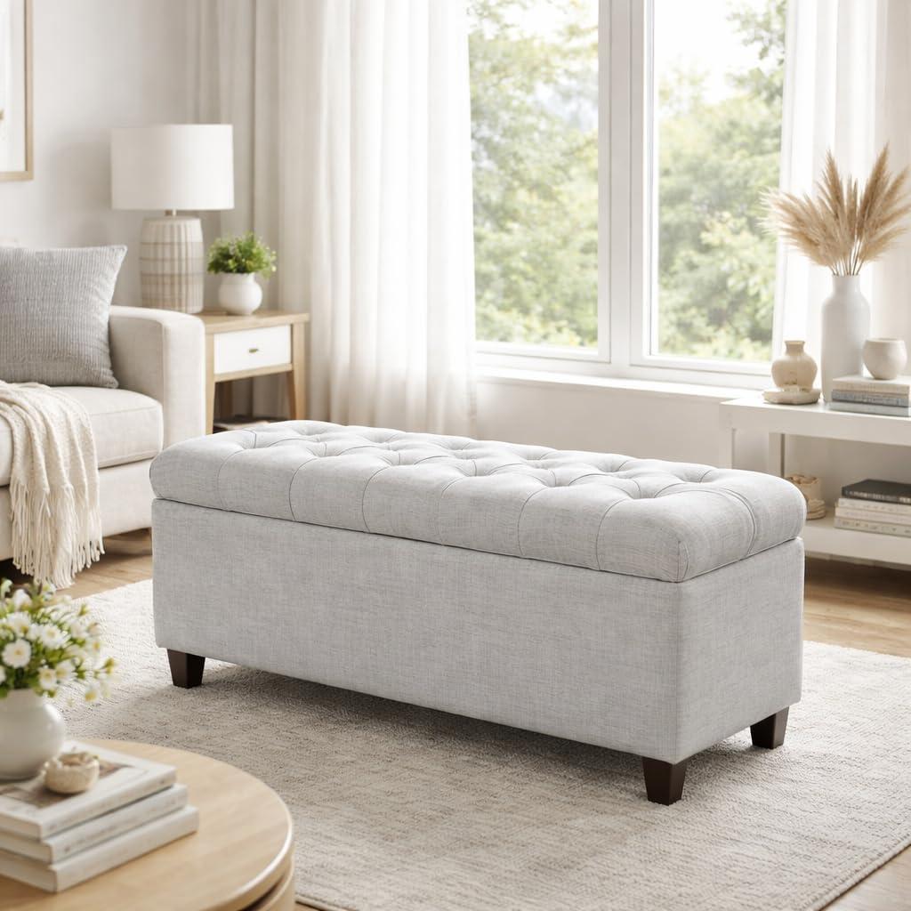 imageHomepop Home Decor Tufted Ainsley Button Storage Ottoman Bench with Hinged Lid Ottoman Bench with Storage for Living Room amp Bedroom Green Clover FabricLight Blue