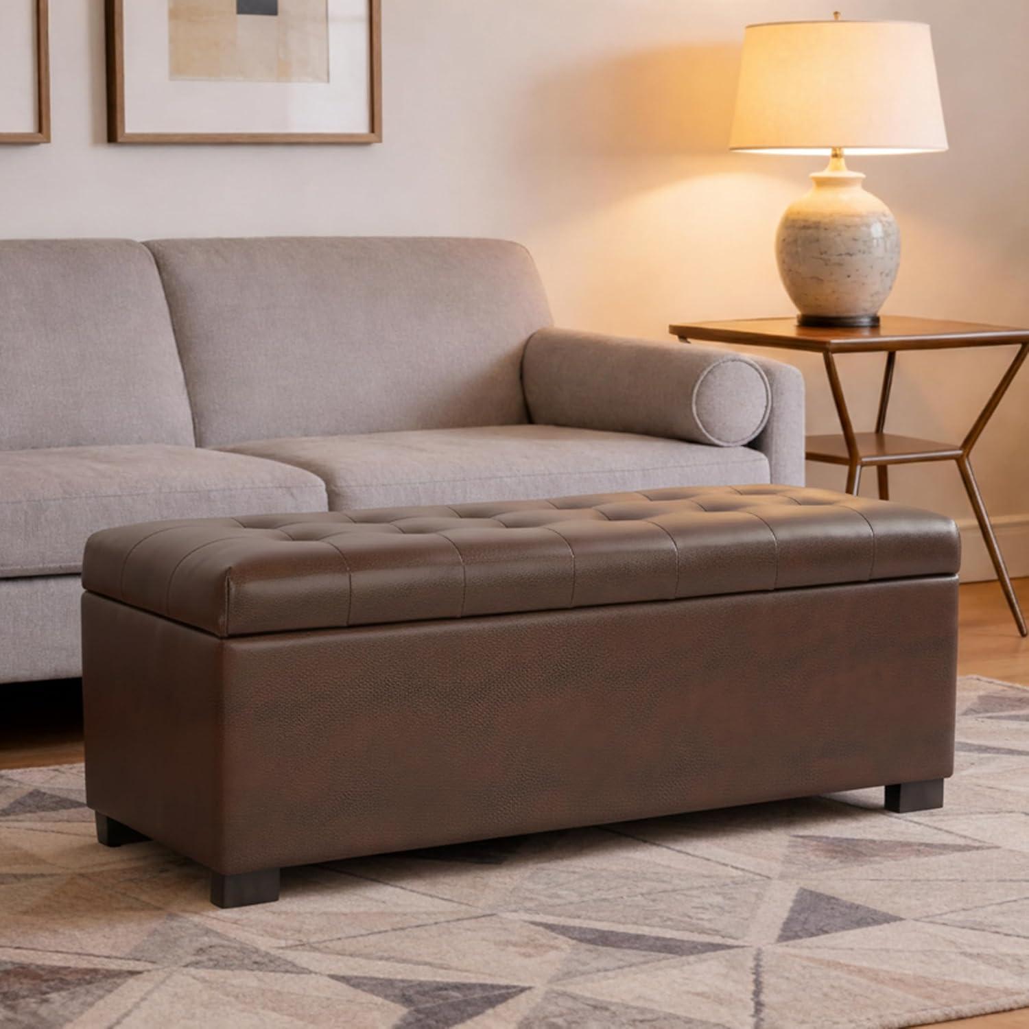 imageHomepop Home Decor Tufted Ainsley Button Storage Ottoman Bench with Hinged Lid Ottoman Bench with Storage for Living Room amp Bedroom Green Clover FabricAntique Brown