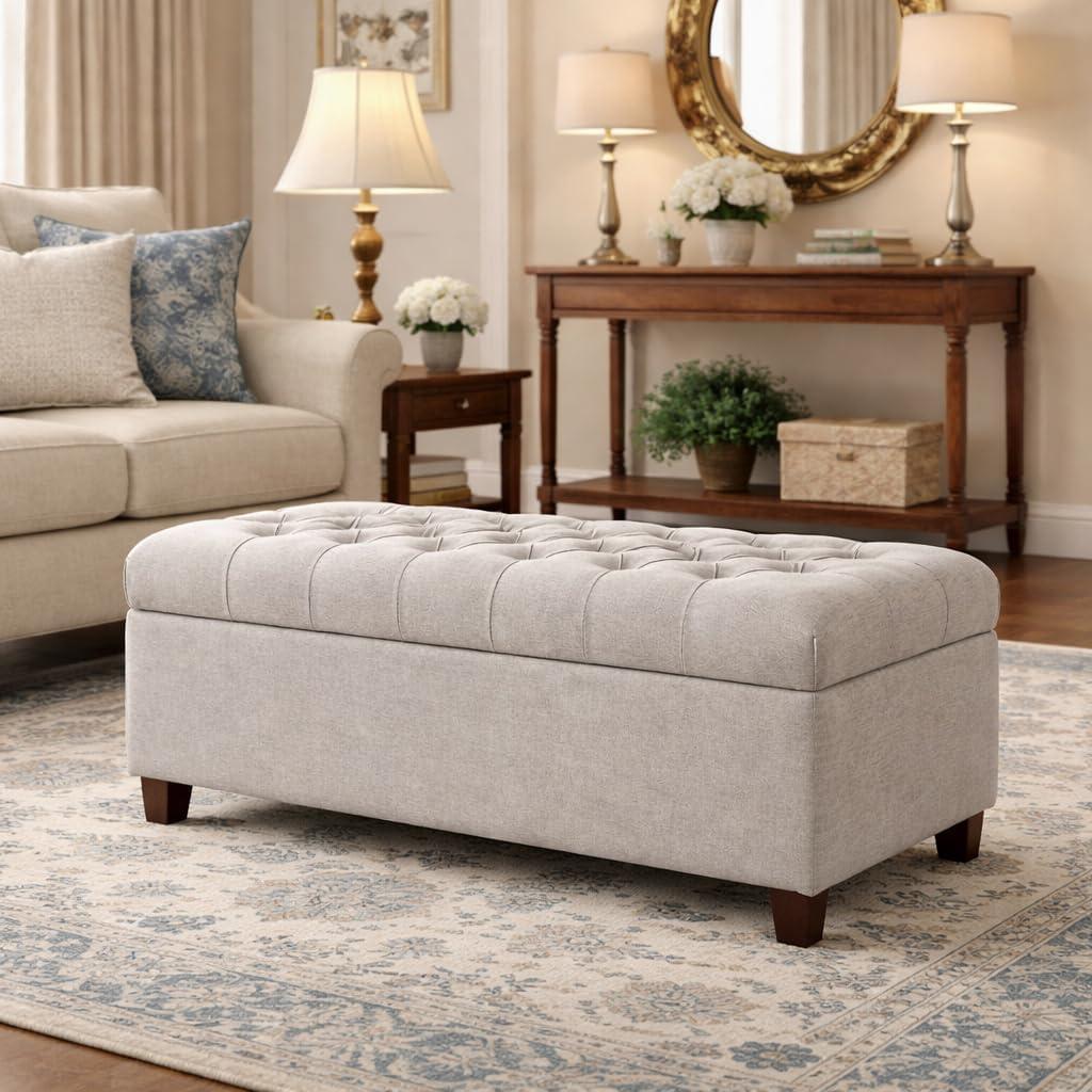imageHomepop Home Decor Tufted Ainsley Button Storage Ottoman Bench with Hinged Lid Ottoman Bench with Storage for Living Room amp Bedroom Green Clover FabricTextured Gray