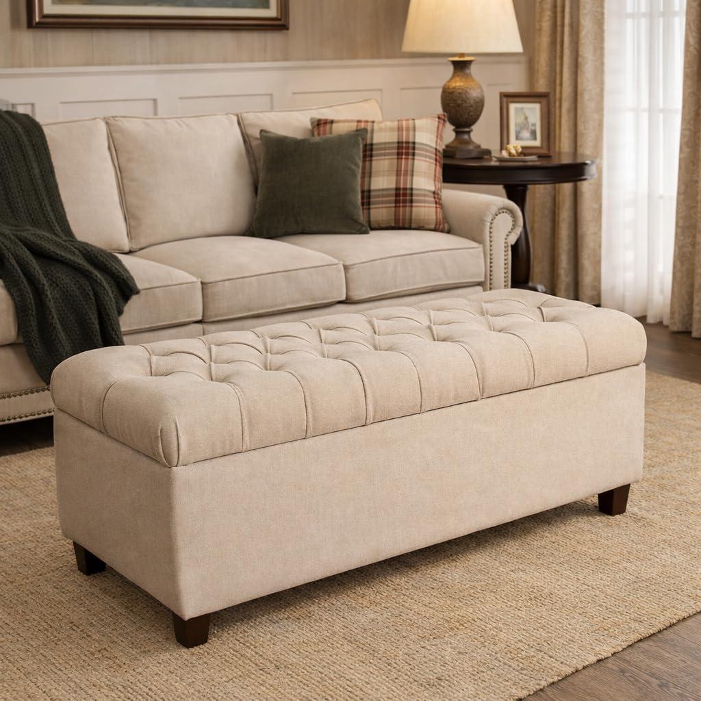 imageHomepop Home Decor Tufted Ainsley Button Storage Ottoman Bench with Hinged Lid Ottoman Bench with Storage for Living Room amp Bedroom Green Clover FabricCream