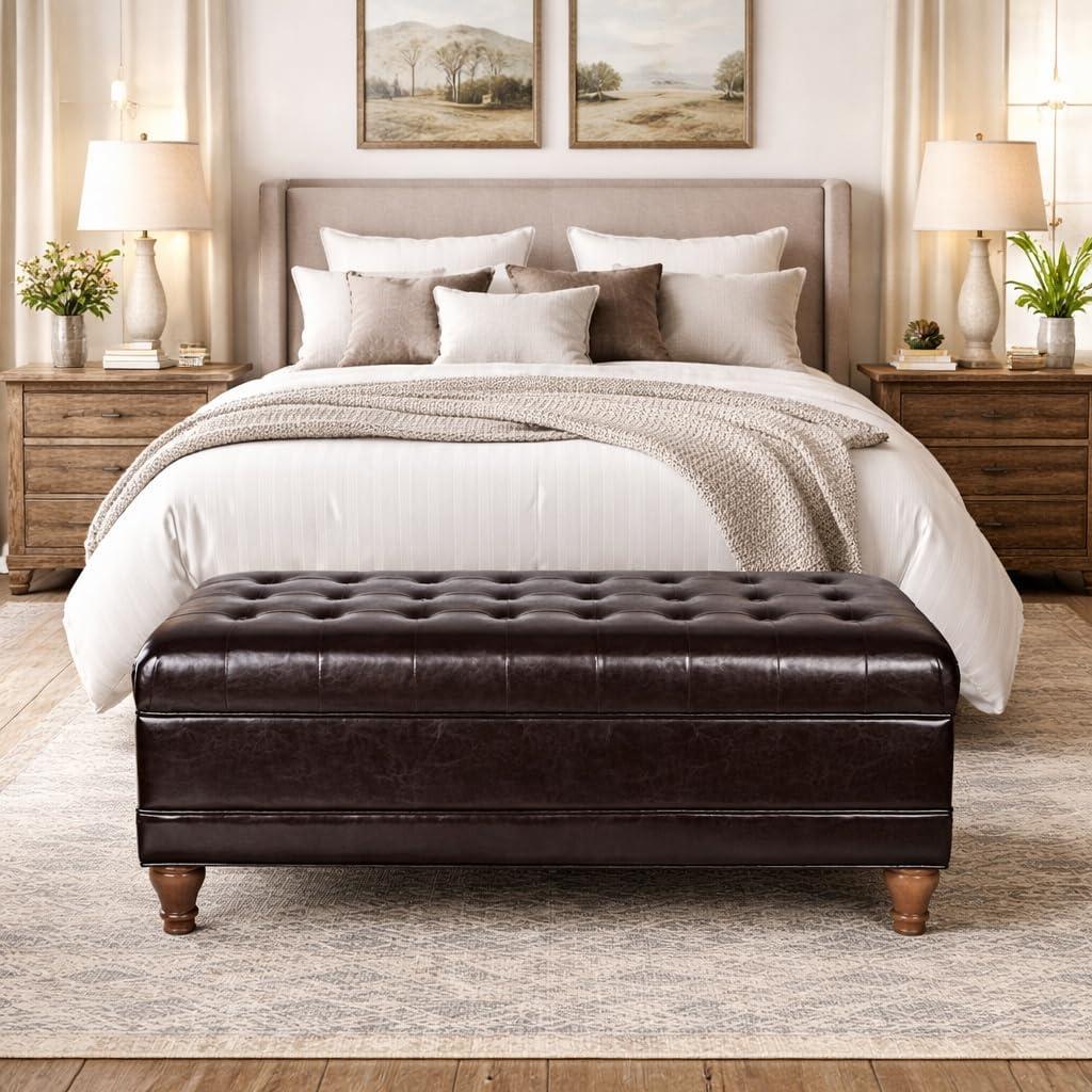 imageHomepop Home Decor Tufted Ainsley Button Storage Ottoman Bench with Hinged Lid Ottoman Bench with Storage for Living Room amp Bedroom Green Clover FabricEspresso