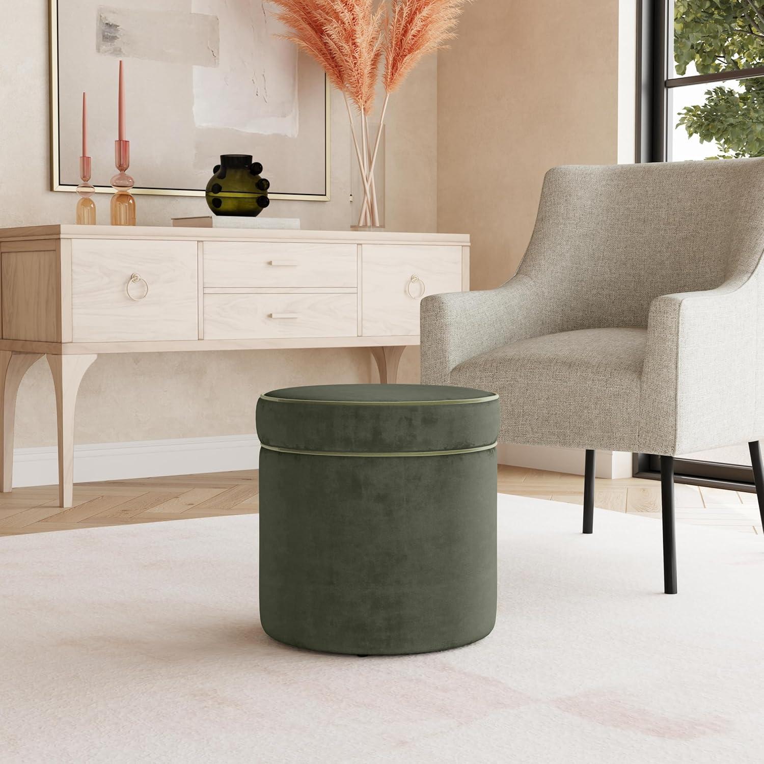 imageSpatial Order Velvet Storage Ottoman with LiftOff Lid 18 Round Upholstered Footrest Loden Green Velvet Modern Accent Stool with Hidden Storage for Living Room amp Bedroom
