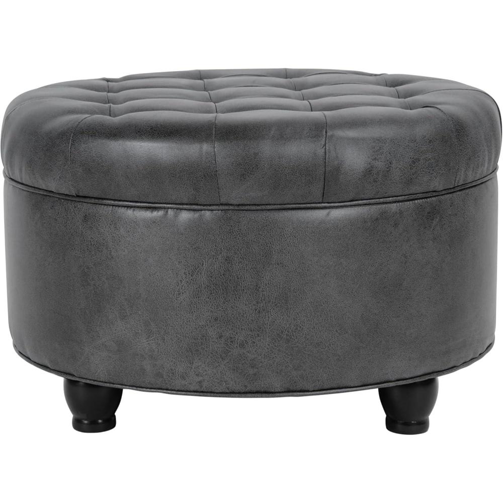 imageHomepop Home Decor Button Tufted Faux Leather Round Storage Ottoman Ottoman with Storage for Living Room amp Bedroom Sand Faux LeatherGrey