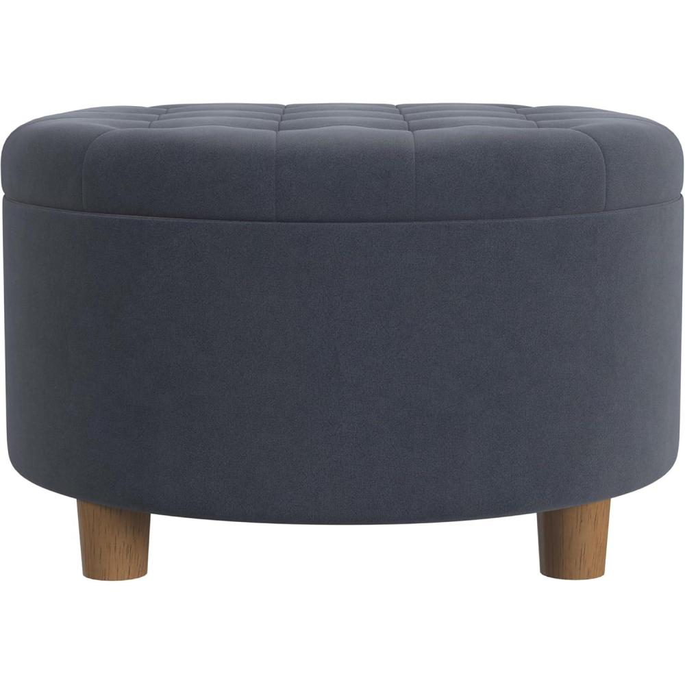 imageHomepop Home Decor Button Tufted Faux Leather Round Storage Ottoman Ottoman with Storage for Living Room amp Bedroom Sand Faux LeatherSteel Blue Velvet