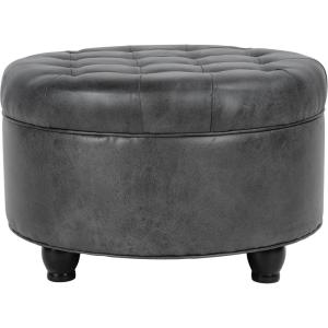 Homepop Home Decor | Button Tufted Faux Leather Round Storage Ottoman | Ottoman with Storage for Living Room & Bedroom (Sand Faux Leather)(Grey)