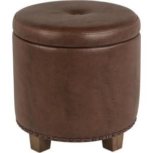Homepop Home Decor | Upholstered Round Storage Ottoman with Nailheads| Ottoman with Storage for Living Room & Bedroom, Brown Faux Leather(Brown Faux Leather)