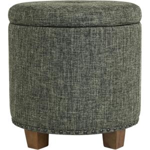 Homepop Home Decor | Upholstered Round Storage Ottoman with Nailheads| Ottoman with Storage for Living Room & Bedroom, Brown Faux Leather(Green Clover Fabric)