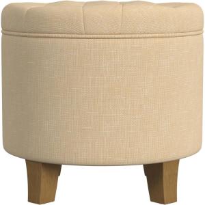Homepop Home Decor | Upholstered Round Tufted Foot Rest Ottoman | Ottoman with Storage for Living Room & Bedroom | Decorative Home Furniture, Green Clover Fabric(Light Tan Textured Solid)