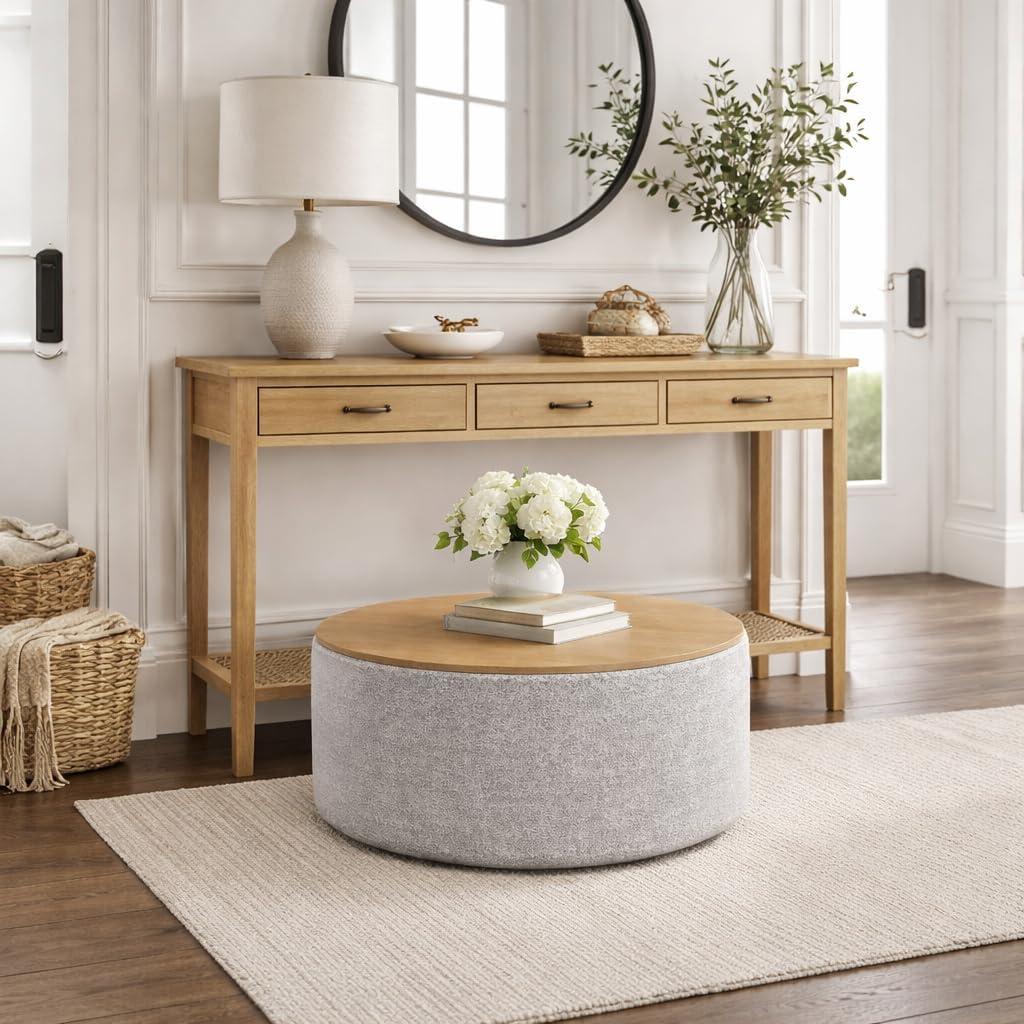 imageHomePop Channel Storage Ottoman with Wood Top Brown BoucleGray Yarn