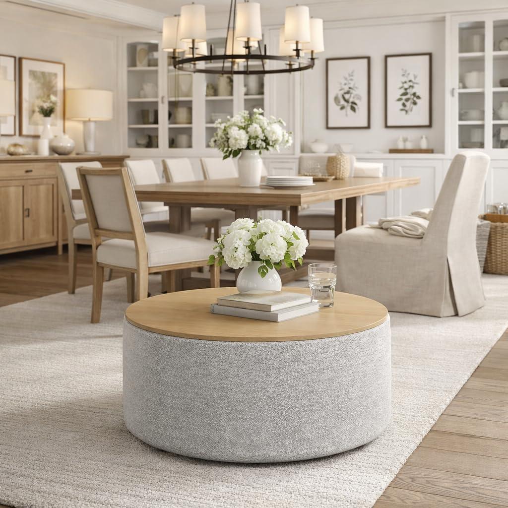 imageHomePop Channel Storage Ottoman with Wood Top Brown BoucleGray Yarn