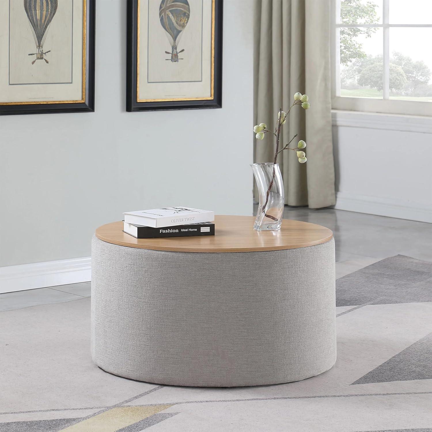 imageHomePop Channel Storage Ottoman with Wood Top Brown BoucleLight Gray Woven