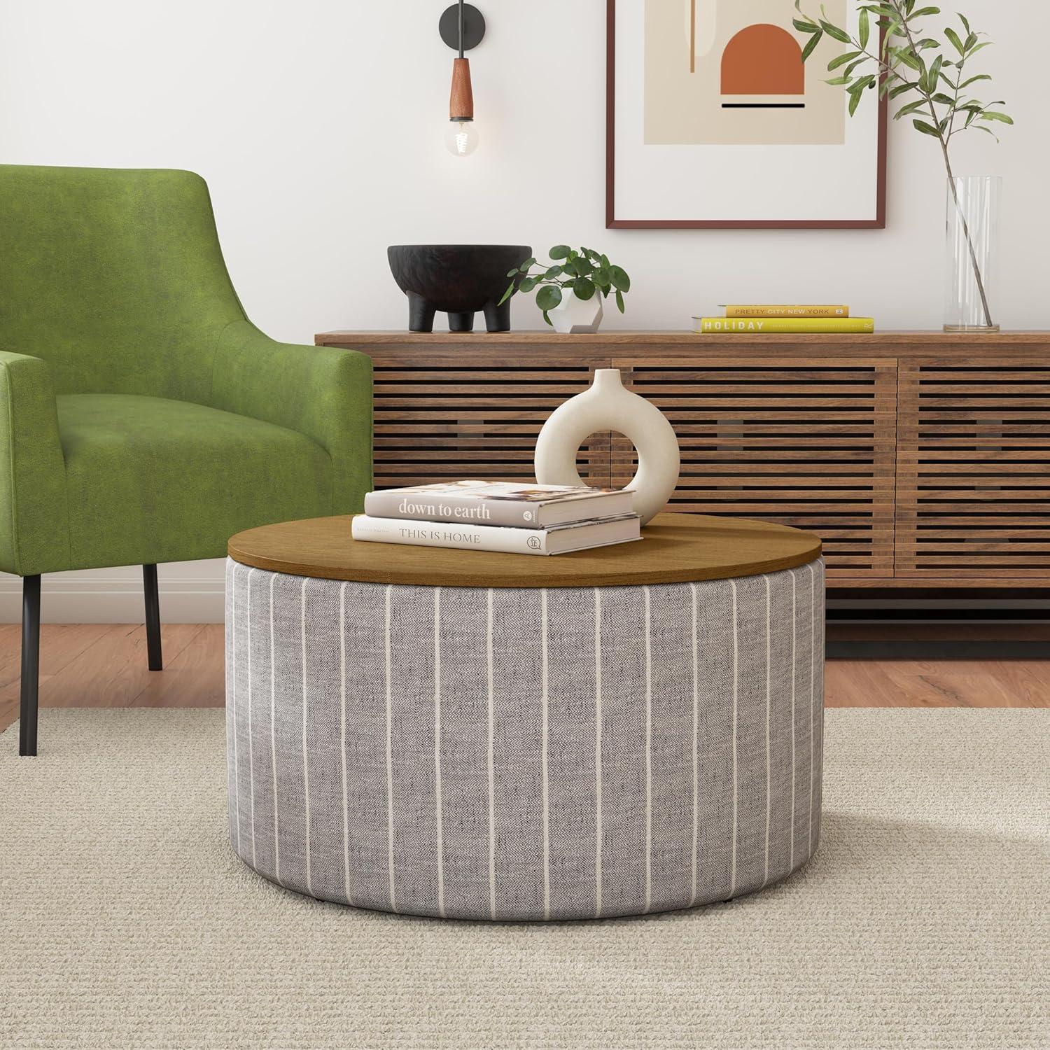 imageHomePop Channel Storage Ottoman with Wood Top Brown BoucleMidnight Gary Woven Stripe