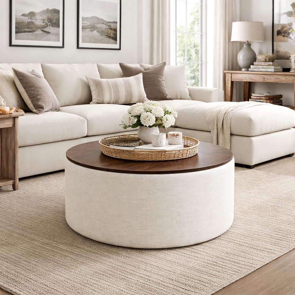 imageHomePop Channel Storage Ottoman with Wood Top Brown BoucleStainresistant Cream Woven