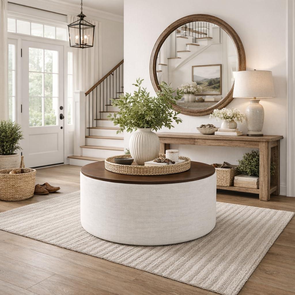 imageHomePop Channel Storage Ottoman with Wood Top Brown BoucleStainresistant Cream Woven