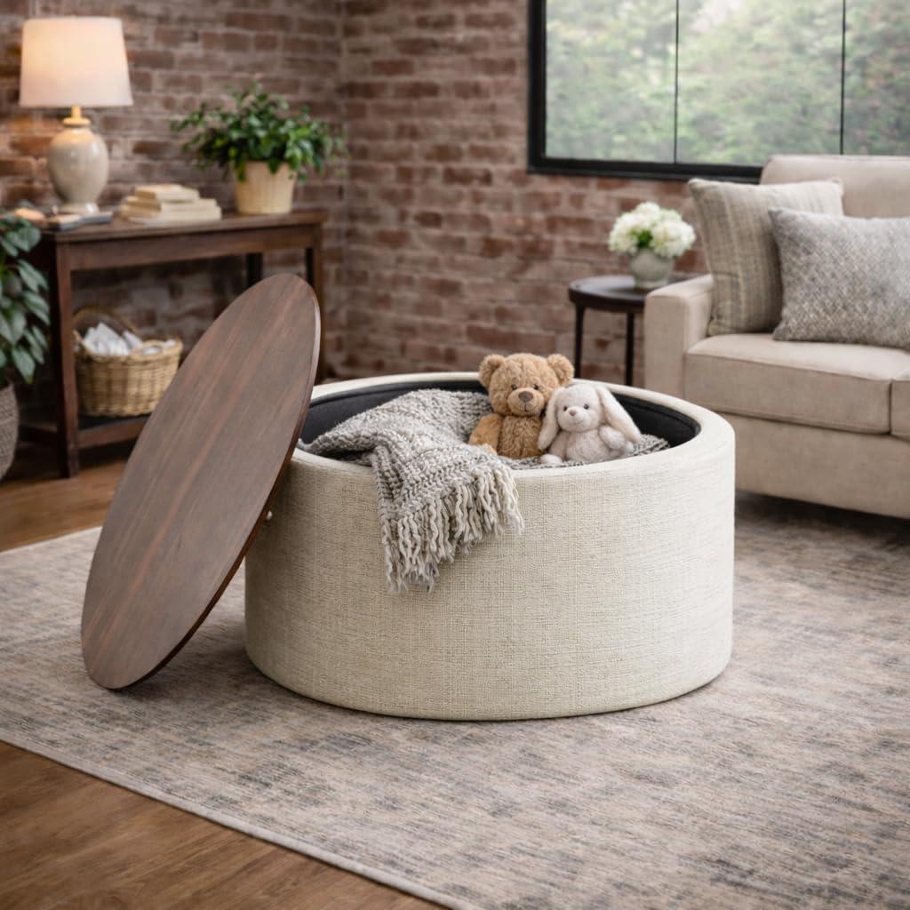 imageHomePop Channel Storage Ottoman with Wood Top Brown BoucleStainresistant Cream Woven