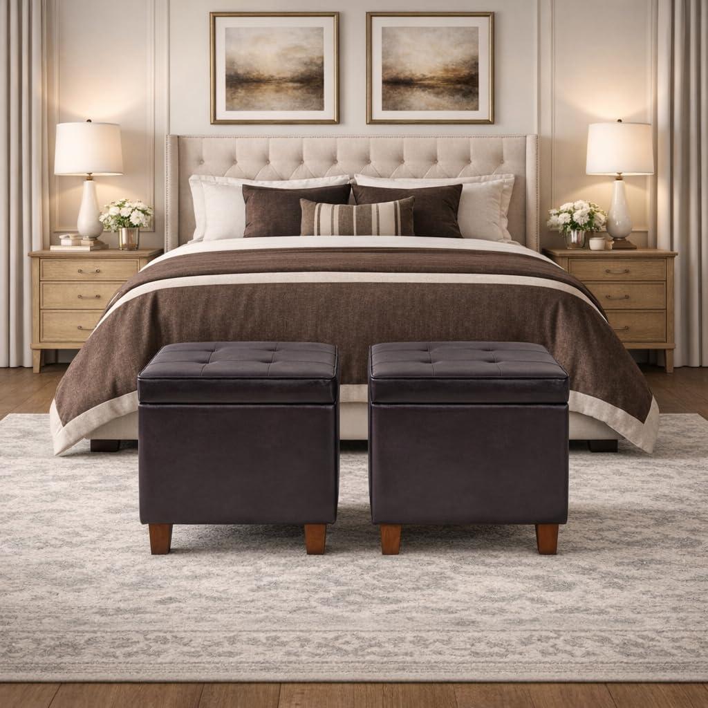 imageHomePop Home Decor K7342A873 Classic Square Storage Ottoman with Lift Off Lid Ottoman with Storage for Living Room amp Bedroom Light Grey Print LargeBrown