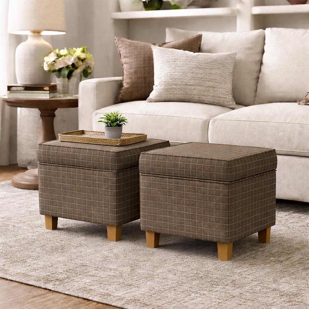 imageHomePop Home Decor K7342F2262 Classic Square Storage Ottoman with Lift Off Lid Ottoman with Storage for Living Room amp Bedroom Black Plaid LargeBrown Window Pane Fabric