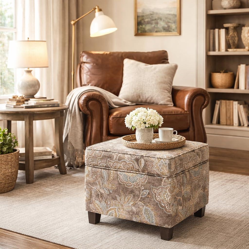 imageHomePop Home Decor K7342F2262 Classic Square Storage Ottoman with Lift Off Lid Ottoman with Storage for Living Room amp Bedroom Black Plaid LargeGray Floral