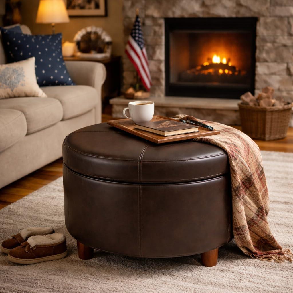 imageHomePop Large Velvet Storage Ottoman NavyBrown Faux Leather