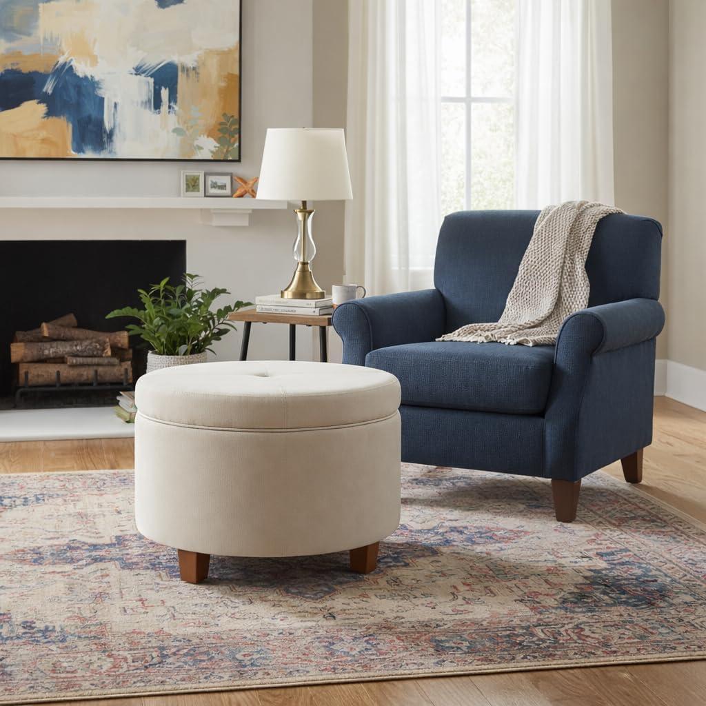 imageHomePop Large Velvet Storage Ottoman NavyCream Faux Leather