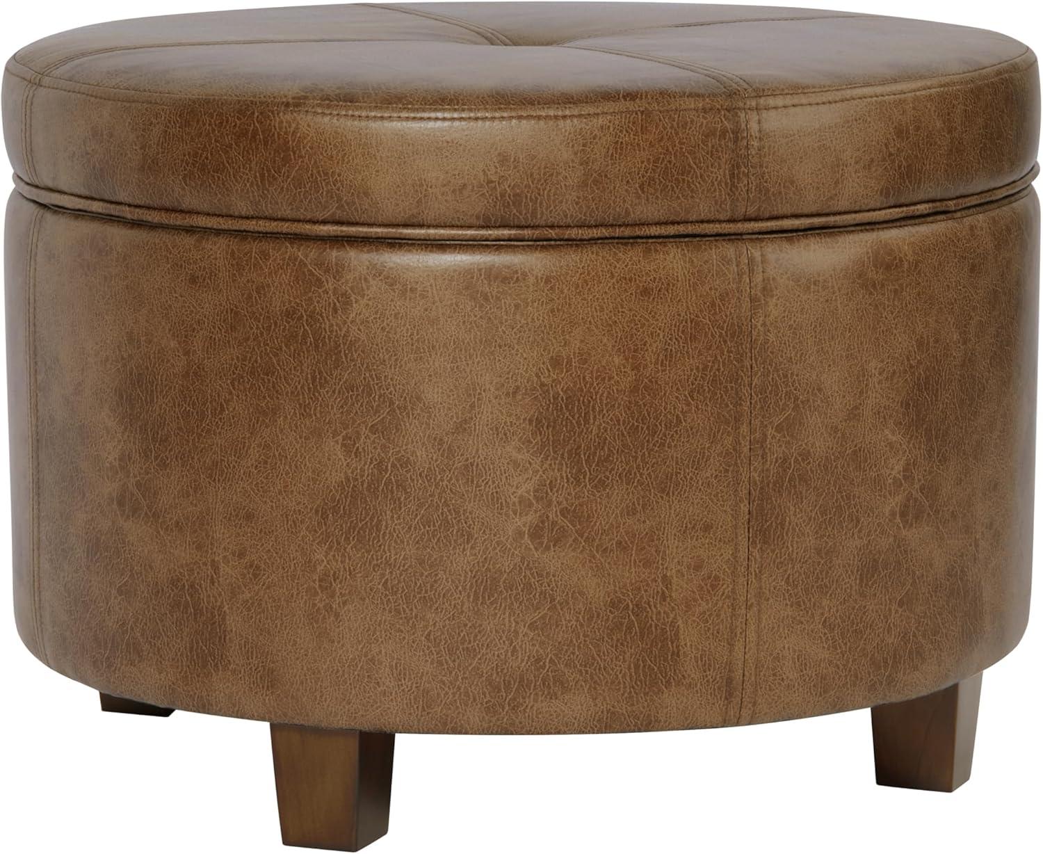 imageHomePop Large Velvet Storage Ottoman NavyDistressed Brown Faux Leather