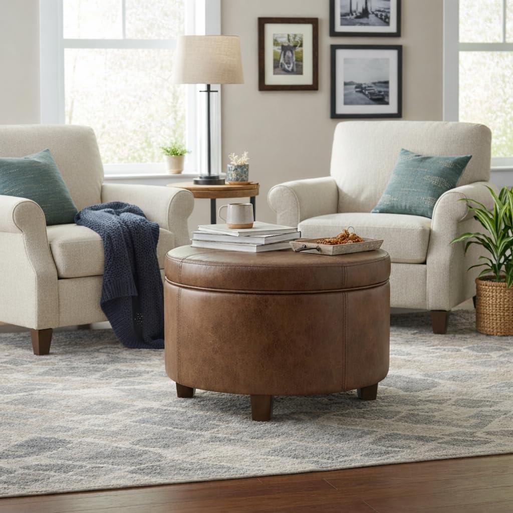 imageHomePop Large Velvet Storage Ottoman NavyDistressed Brown Faux Leather
