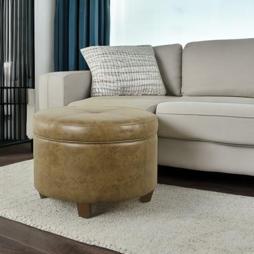 imageHomePop Large Velvet Storage Ottoman NavyDistressed Brown Faux Leather