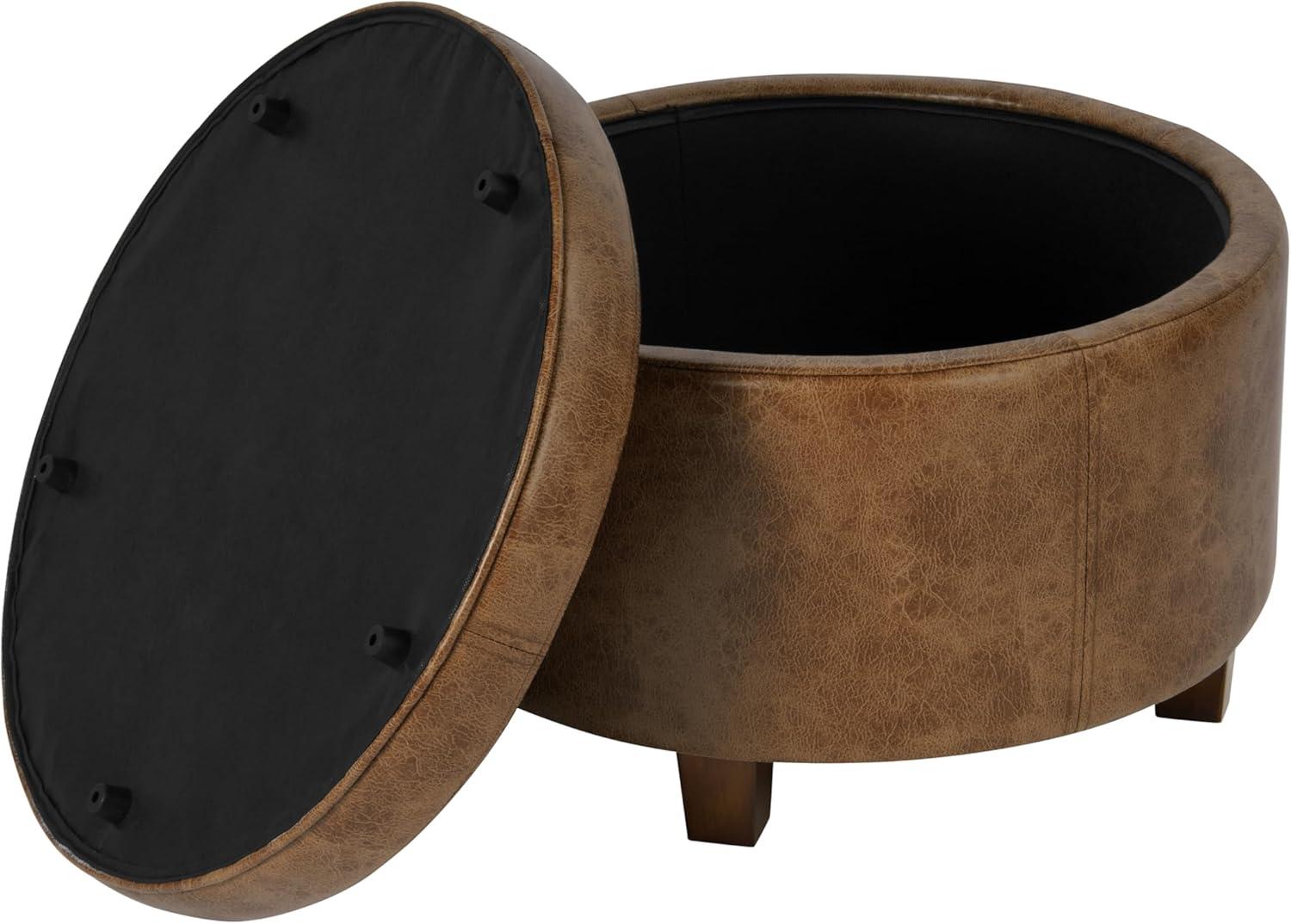 imageHomePop Large Velvet Storage Ottoman NavyDistressed Brown Faux Leather