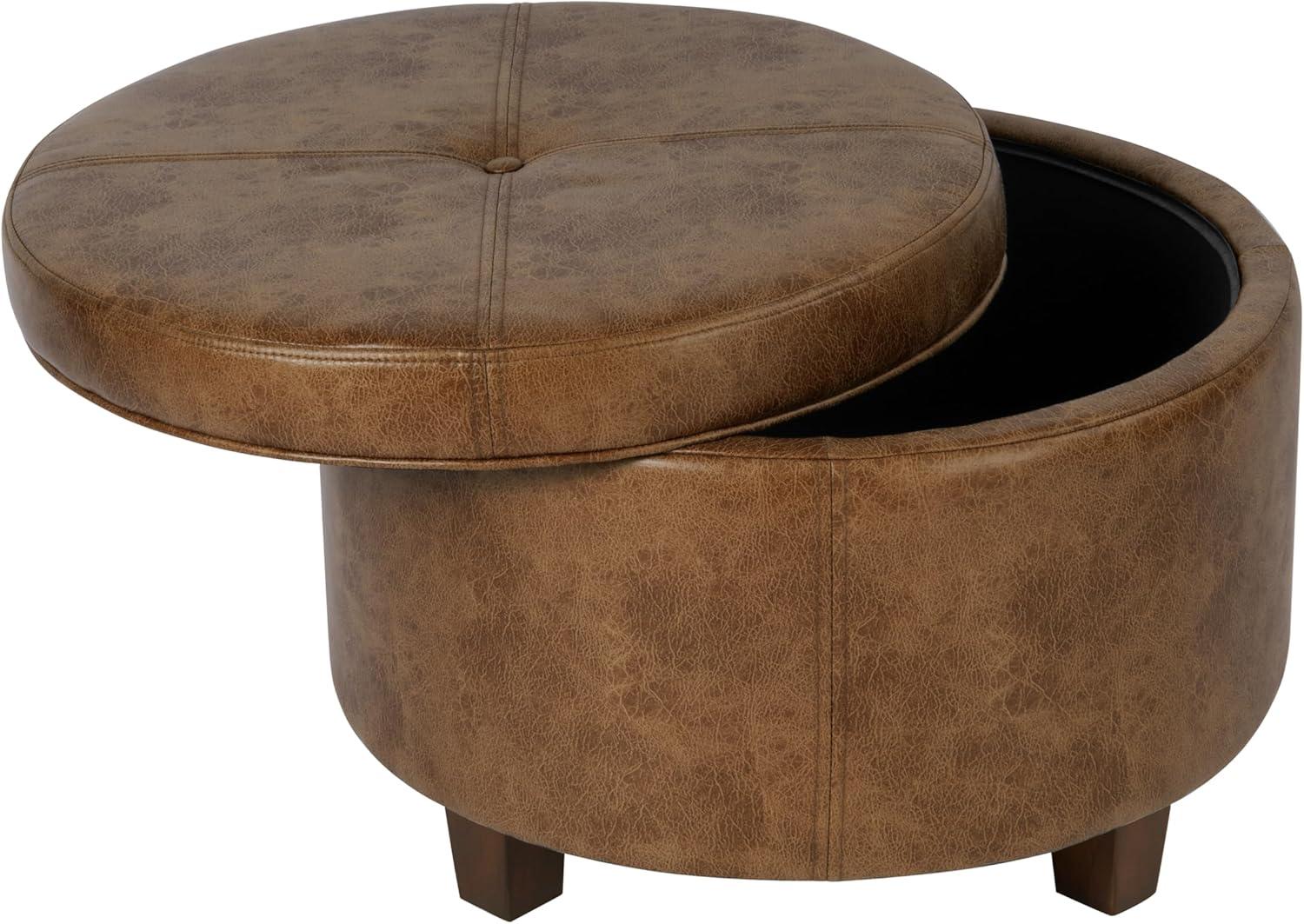 imageHomePop Large Velvet Storage Ottoman NavyDistressed Brown Faux Leather