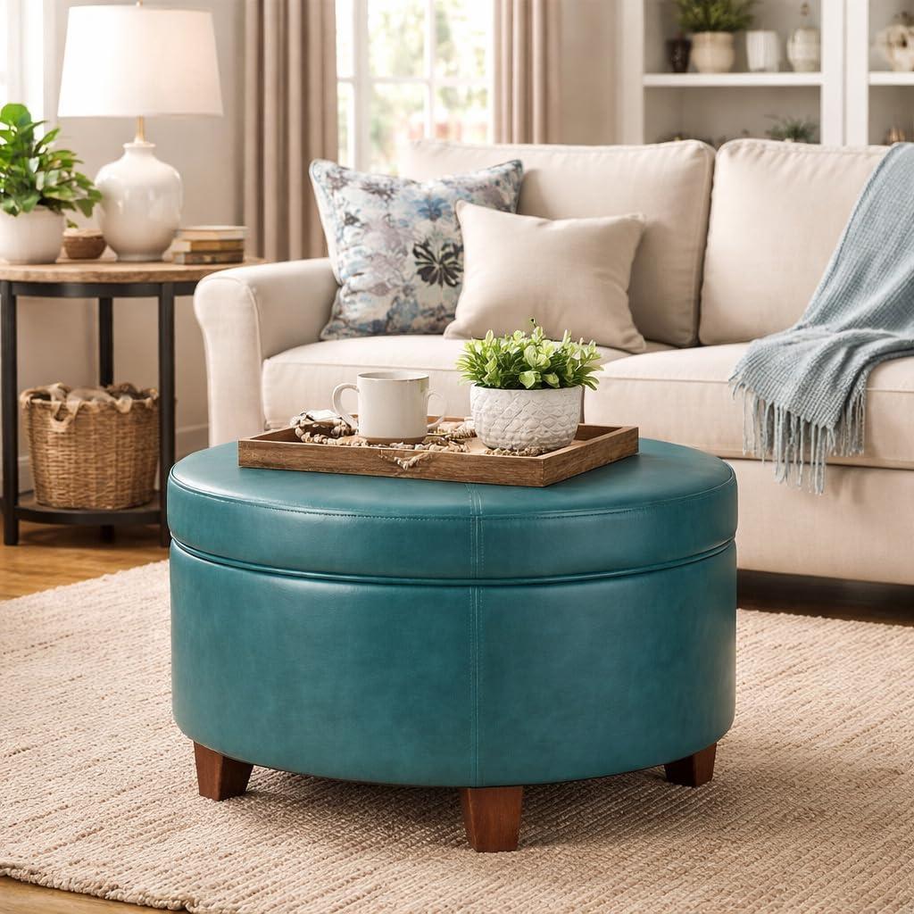 imageHomePop Large Velvet Storage Ottoman NavyTeal Faux Leather