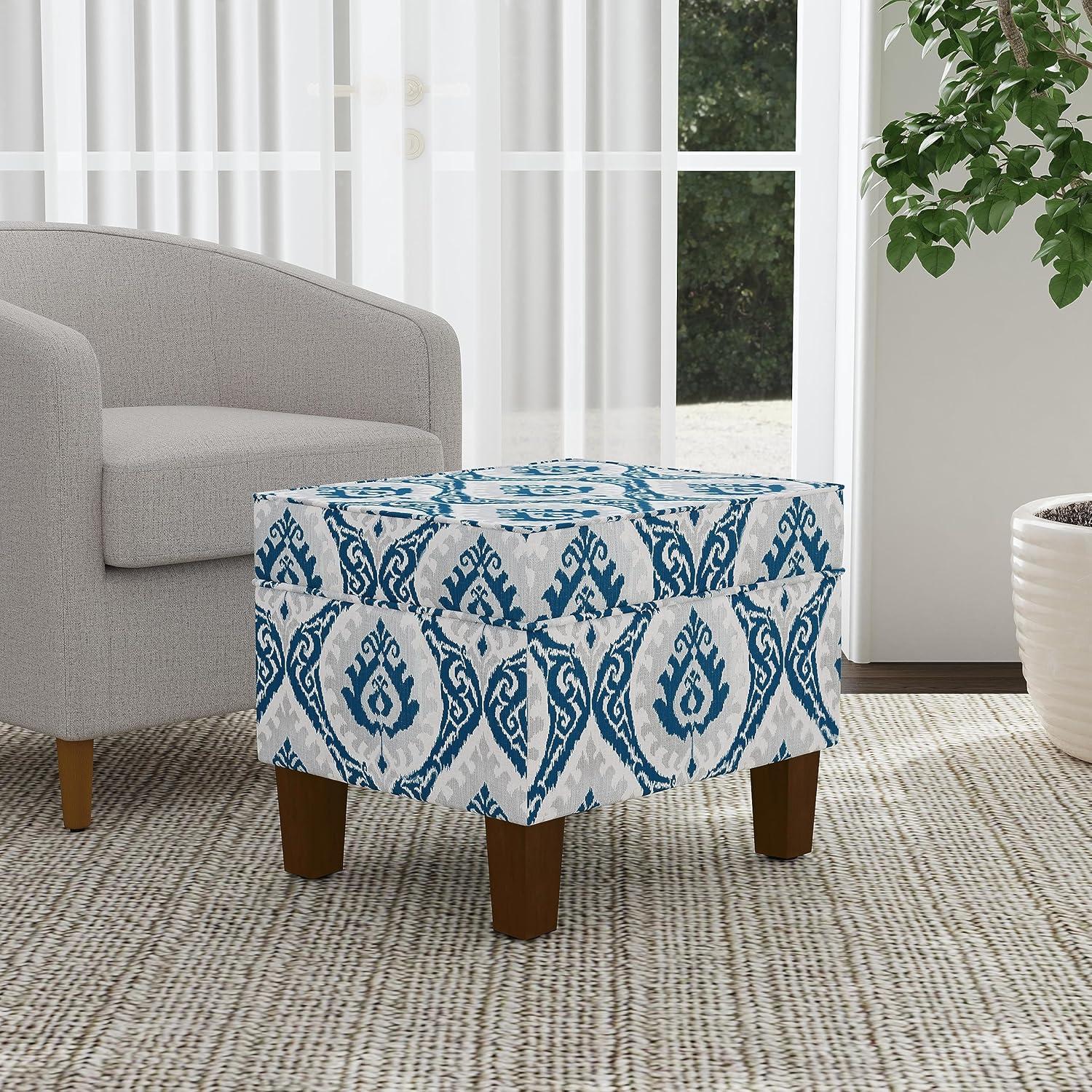 imageHomepop Home Decor Medium Square Storage Ottoman with Hinged Lid Ottoman with Storage for Living Room amp Bedroom TealBlue Ikat Medallion Print